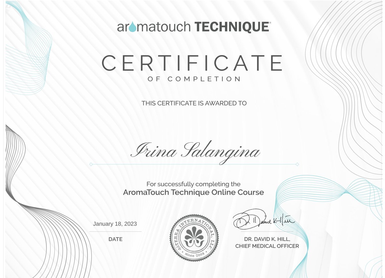 Образец сертификата выпускника курса «AromaTouch®»